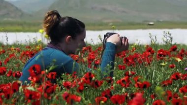 Fotoğraf çekme alanı, çiçekli haşhaş dağlarda kızdır