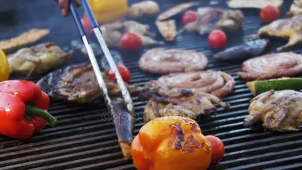 Cooking Barbecue Delicious Sausages, Meat and Vegetables on the Grill. Slow Motion — Stock Video