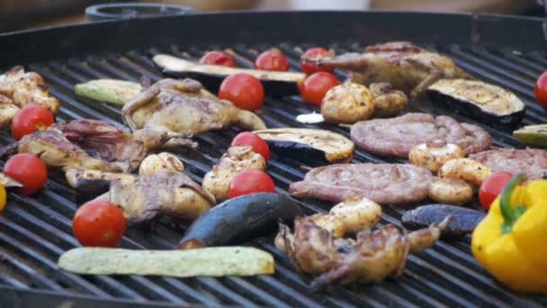 Preparación de carne y verduras en la parrilla. Moción lenta — Vídeos de Stock