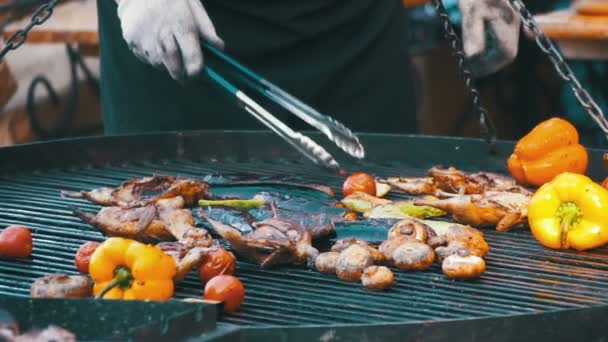 Preparación de carne y verduras en la parrilla. Moción lenta — Vídeos de Stock