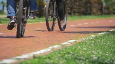İnsanlar üzerinde bisiklet şeritli bisiklet sürme. Kırmızı yol işareti Bicyclists ve palmiye ağaçları ile. Ağır çekim