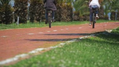 İnsanlar üzerinde bisiklet şeritli bisiklet sürme. Kırmızı yol işareti Bicyclists ve palmiye ağaçları ile. Ağır çekim
