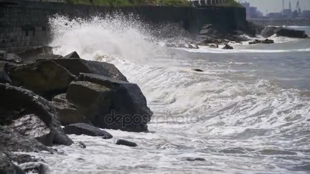 Grote golven op het strand van de steen. Slow Motion — Stockvideo