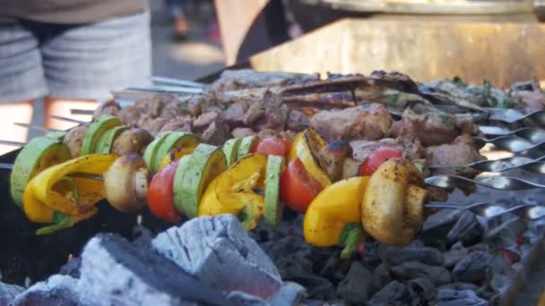 Barbacoa con Deliciosa Carne a la Parrilla y Verduras Cocinadas en la Parrilla — Vídeo de stock