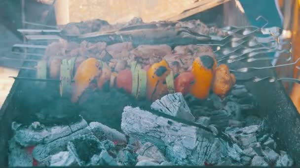 Барбекю с вкусным мясом на гриле и овощами — стоковое видео