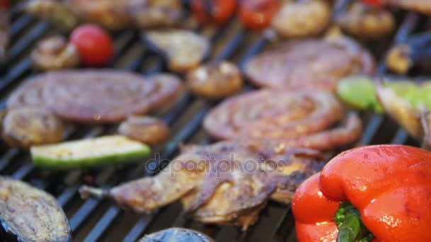 Zubereitung von Fleisch und Gemüse auf dem Grill. Zeitlupe — Stockvideo