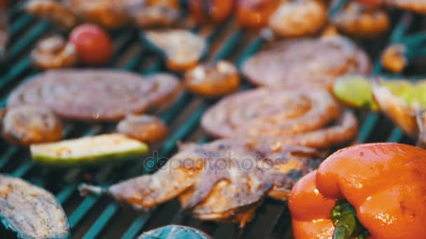 Cozinhar churrasco deliciosas salsichas, Carne e legumes na grelha. Movimento lento — Vídeo de Stock