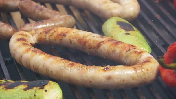 Cooking Barbecue Delicious Sausages and Vegetables on the Grill. Slow Motion — Stock Video