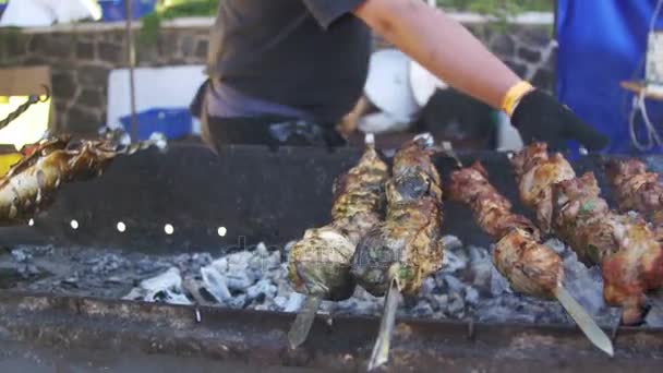 Barbacoa con Deliciosa Carne a la Parrilla y Verduras en pinchos Cocinados a la Parrilla — Vídeos de Stock