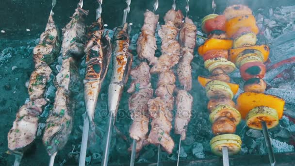 Preparing Meat and Vegetables on the Grill. Slow Motion — Stock Video