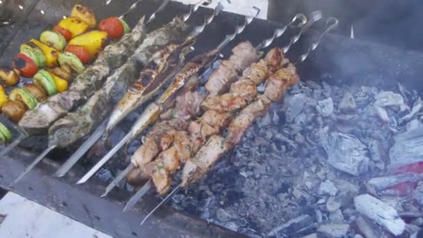 Barbecue met heerlijk gegrilde vlees en groenten bereid op de Grill — Stockvideo