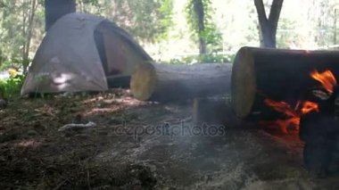 Bir çadır kamp içinde şenlik ateşi Burns ve ormanda günlüğe kaydeder. Ağır çekim
