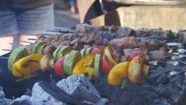 Churrasco com deliciosa carne grelhada e legumes cozidos na grelha — Vídeo de Stock