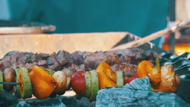 Churrasco com deliciosa carne grelhada e legumes cozidos na grelha — Vídeo de Stock