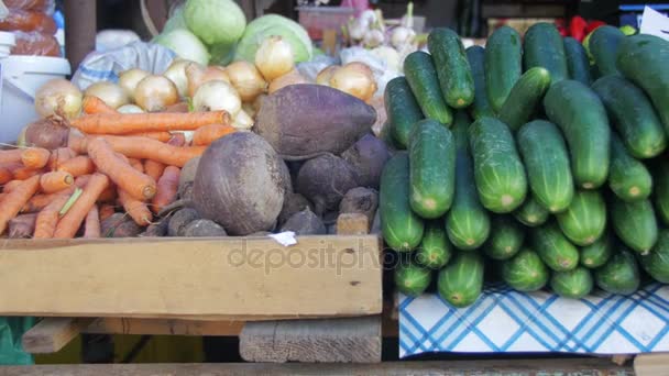 Свіжі овочі на стійці в магазині — стокове відео