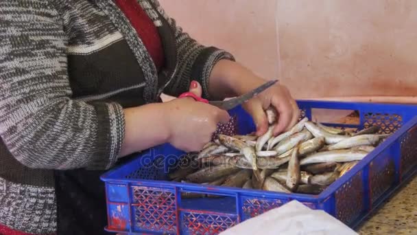 Žena dodavatele rozřezat ryby v rybím trhu — Stock video