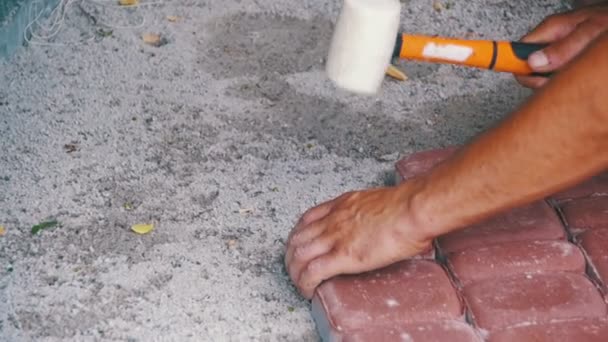 The Builder is Laying Paving Stones. Slow Motion — Stock Video