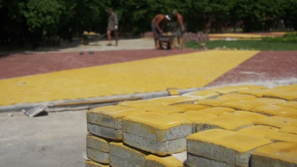 Η διαδικασία της οικοδόμησης, επισκευή πεζοδρομίων. Εργαζόμενος για τον καθορισμό πέτρα πλακοστρώσεις σε μια πόλη πάρκο — Αρχείο Βίντεο