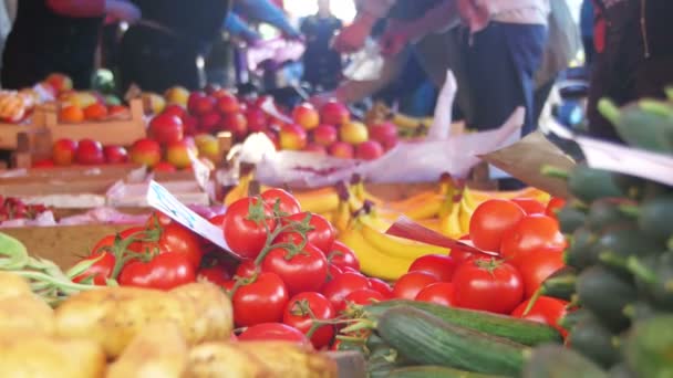 Exibir legumes. Contador com legumes no mercado de alimentos . — Vídeo de Stock