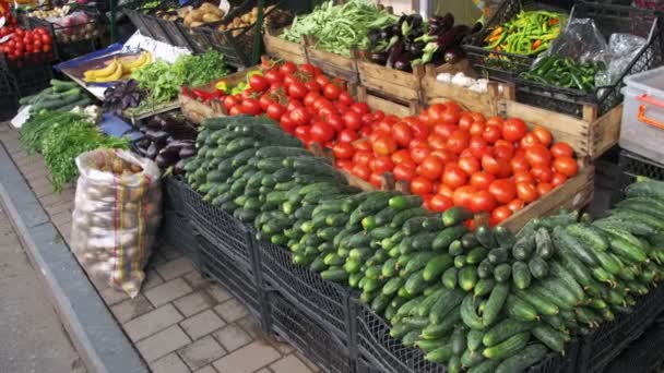 Kirakat zöldség. Farm gyümölcs piac — Stock videók
