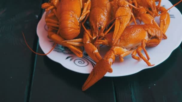 Cangrejo de río rojo cocido en una mesa de madera en el restaurante Fish — Vídeos de Stock