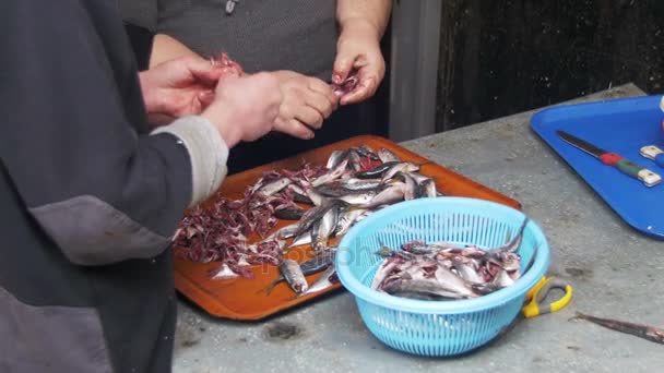 Риба продавець очищає і ріже свіжу рибу на рибному ринку — стокове відео