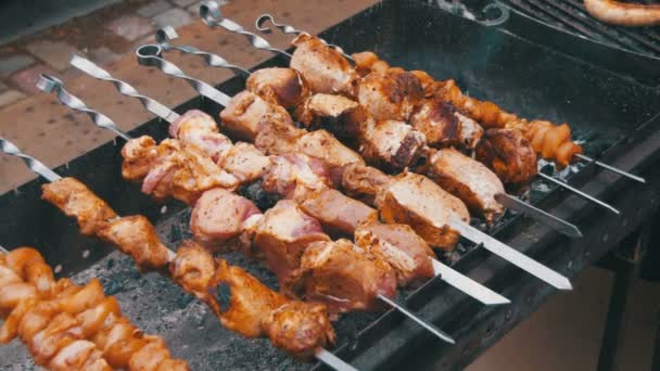 Shish kebab de carne de res en pinchos se cocina en la parrilla — Vídeo de stock