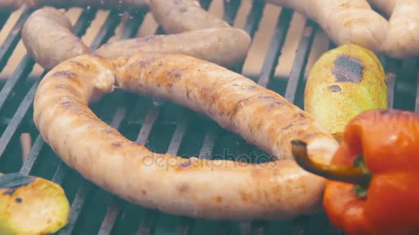 Cooking Barbecue Delicious Sausages and Vegetables on the Grill — Stock Video