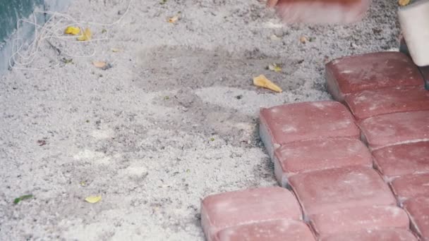 Worker is Laying Paving Stones using Hammer. Slow Motion — Stock Video