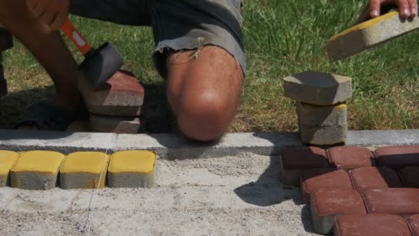 The Builder is Laying Paving Stones — Stock Video