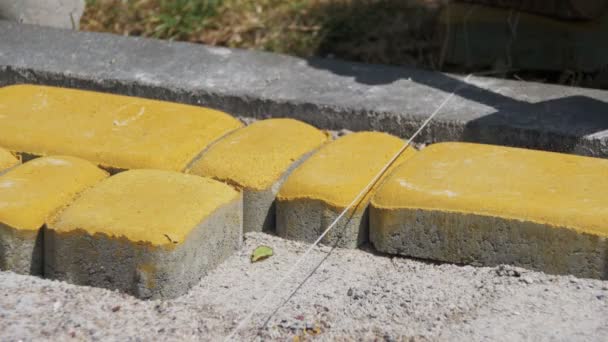 Trabalhador está deitado pedras de pavimentação usando martelo — Vídeo de Stock
