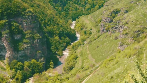 Ορεινό ποτάμι ρέει μέσα στο φαράγγι του φαράγγι στα βουνά της Αρμενίας. — Αρχείο Βίντεο