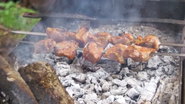 Мясо на гриле на Шашлыках. Приготовление шашлыка кебаб — стоковое видео
