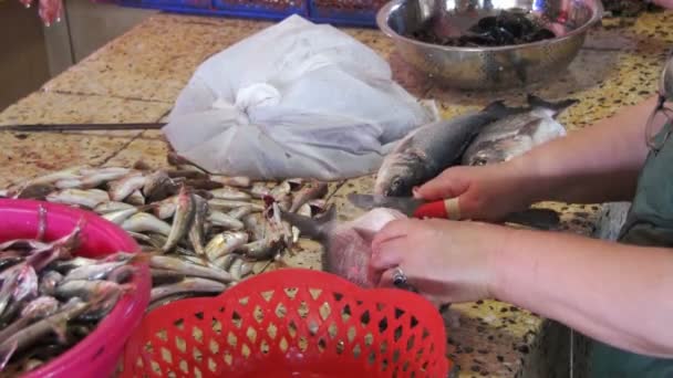 Vendedor mulher cortar o peixe no mercado de peixe — Vídeo de Stock