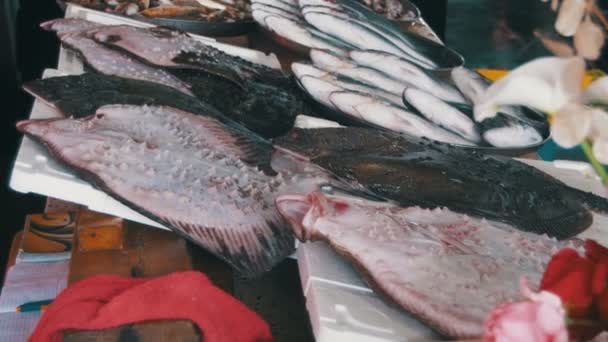 Pescado marino fresco en el mercado contrario — Vídeo de stock