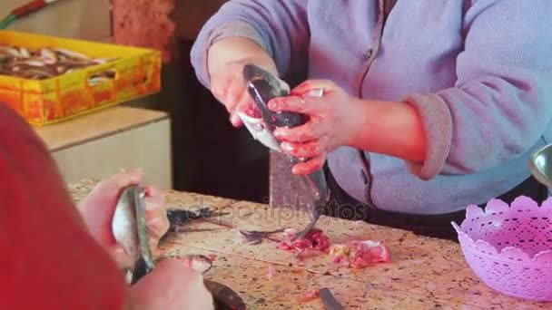 Kadın satıcı balık Balık pazarında kesip — Stok video