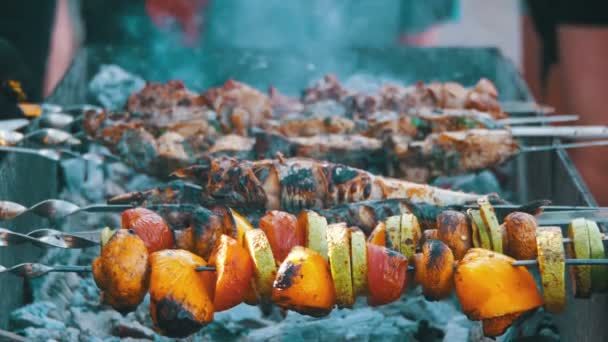 Churrasco com deliciosa carne grelhada e legumes cozidos na grelha — Vídeo de Stock