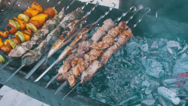 Churrasco com deliciosa carne grelhada e legumes cozidos na grelha — Vídeo de Stock