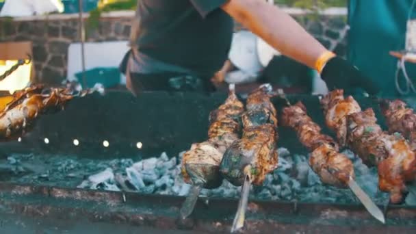Барбекю с вкусным мясом на гриле и овощами на шампуре — стоковое видео