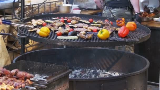 Gotowanie pyszne kiełbaski do grillowania, mięso i warzywa z grilla. Zwolnionym tempie — Wideo stockowe