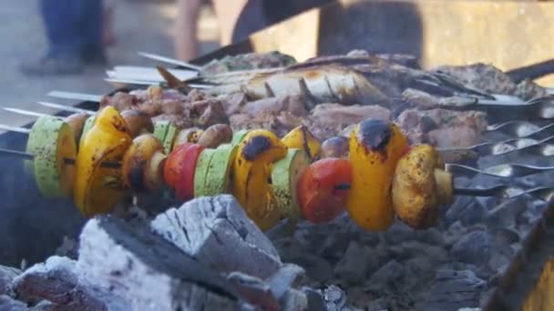 Barbacoa con Deliciosa Carne a la Parrilla y Verduras Cocinadas en la Parrilla — Vídeos de Stock