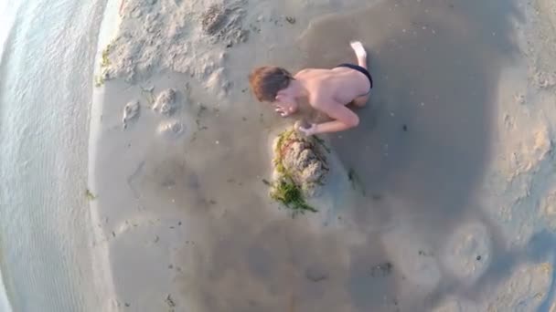 Niño en la playa Construyendo un castillo de arena — Vídeos de Stock