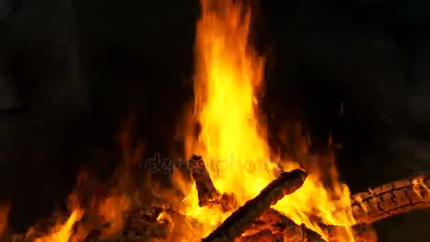 Fuego grande ardiendo por la noche — Vídeo de stock