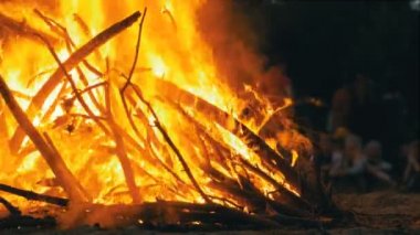 Geceleri dalları yanık insanlar arka plan üzerinde ormanda kamp ateşi