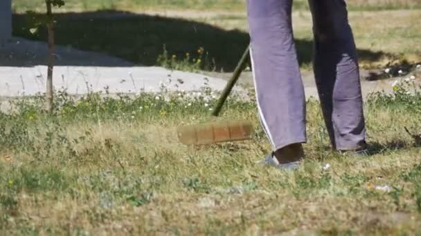 男を刈っている草をスローモーションでポータブルの芝刈り機を使用して — ストック動画