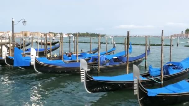 Góndolas vacías atracadas en pilotes de madera. Venecia, Italia — Vídeos de Stock