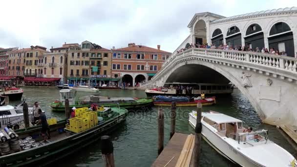 Multitud de personas de pie en el puente de Rialto. Venecia, Italia Gran Canal — Vídeo de stock