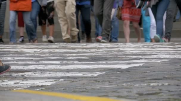 Gambe della folla che cammina sul passaggio pedonale al rallentatore — Video Stock