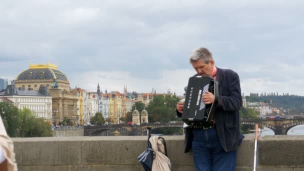 Gatumusikant med ett dragspel spelar och sjunger låtar på Karlsbron, Prag, Tjeckien — Stockvideo