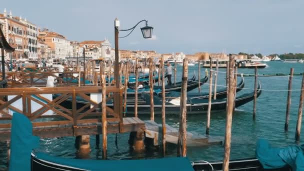 Estacionamento Gôndolas Ficando na doca no Doges Palace Embankment. Veneza, Itália — Vídeo de Stock